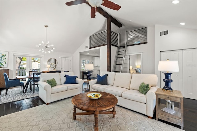 living area with visible vents, beam ceiling, hardwood / wood-style floors, high vaulted ceiling, and recessed lighting