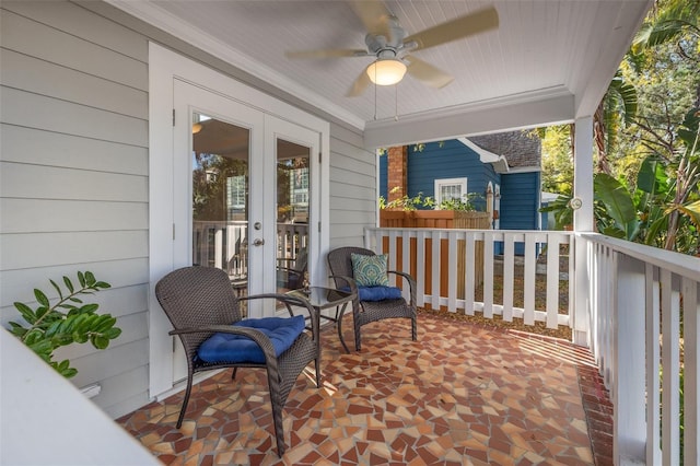 view of patio featuring french doors and ceiling fan