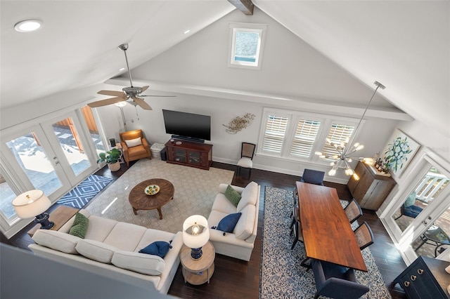 1205 13th St N, Saint Petersburg, FL 33705 - living room featuring healthy amount of natural light, high vaulted ceiling, wood finished floors, a ceiling fan, and recessed lighting
