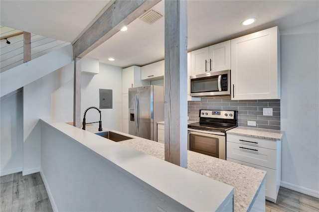 kitchen with electric panel, a sink, stainless steel appliances, white cabinetry, and backsplash