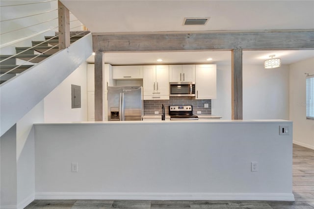 kitchen with visible vents, electric panel, appliances with stainless steel finishes, white cabinetry, and backsplash