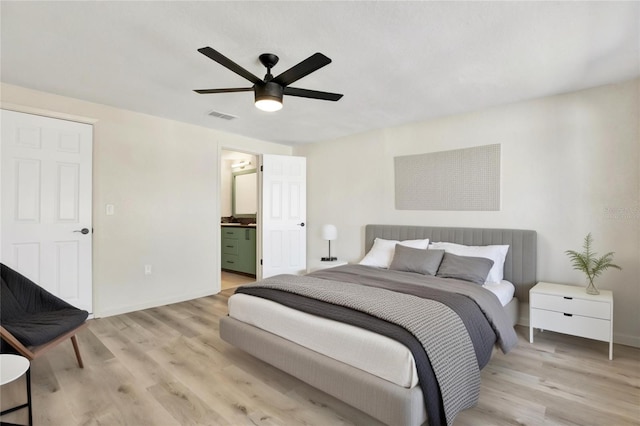 bedroom featuring a ceiling fan, light wood-style floors, visible vents, and baseboards