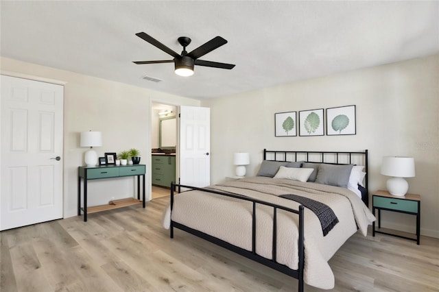 bedroom featuring light wood-type flooring, visible vents, connected bathroom, and ceiling fan