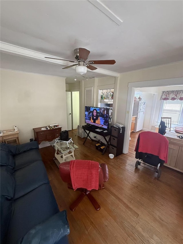 living area with a ceiling fan and wood finished floors