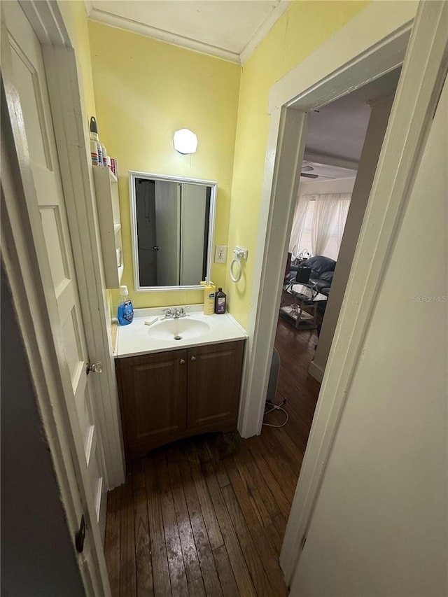 bathroom with wood-type flooring, vanity, and crown molding