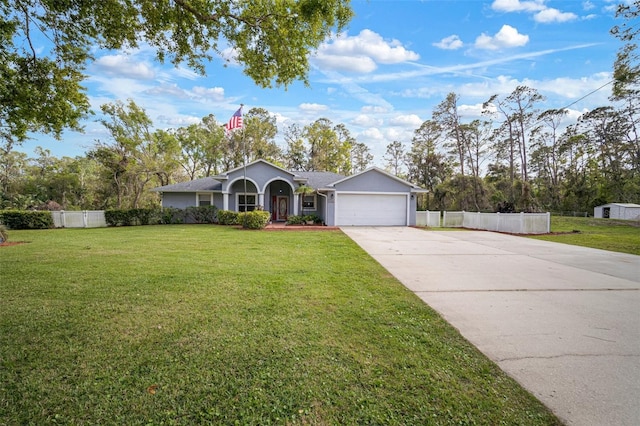 ranch-style house with concrete driveway, stucco siding, a front yard, a garage, and fence