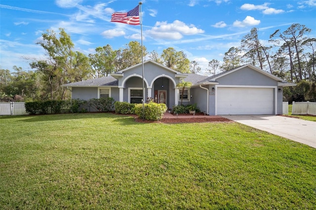 single story home with a garage, stucco siding, fence, and concrete driveway