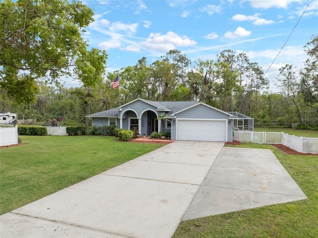 single story home featuring concrete driveway, stucco siding, a front lawn, an attached garage, and fence