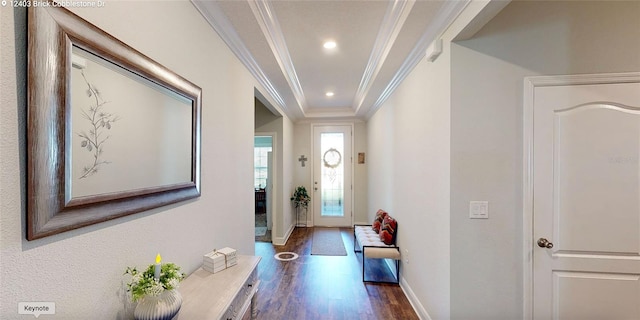 hall with recessed lighting, baseboards, crown molding, and dark wood-type flooring