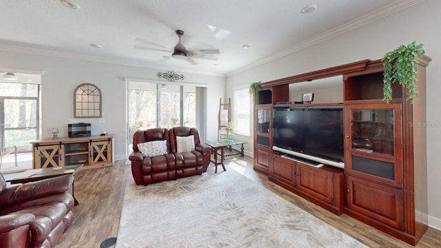 living room with baseboards, light wood-style flooring, and ornamental molding