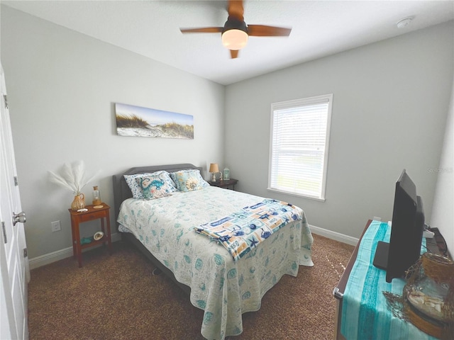 bedroom with baseboards, carpet floors, and ceiling fan