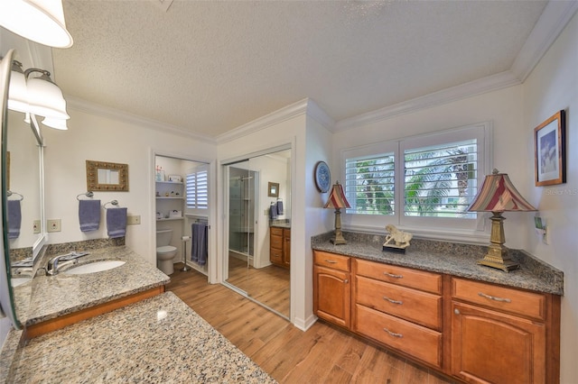 bathroom featuring ornamental molding, a textured ceiling, vanity, and wood finished floors