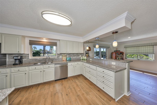 kitchen with a sink, light wood-type flooring, dishwasher, and a wealth of natural light