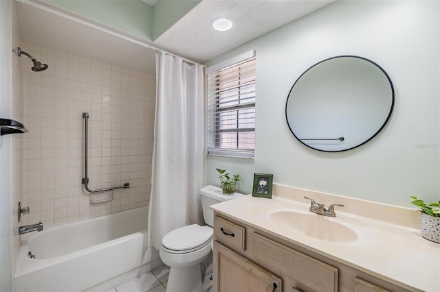 full bathroom with toilet, vanity, and shower / bathtub combination with curtain