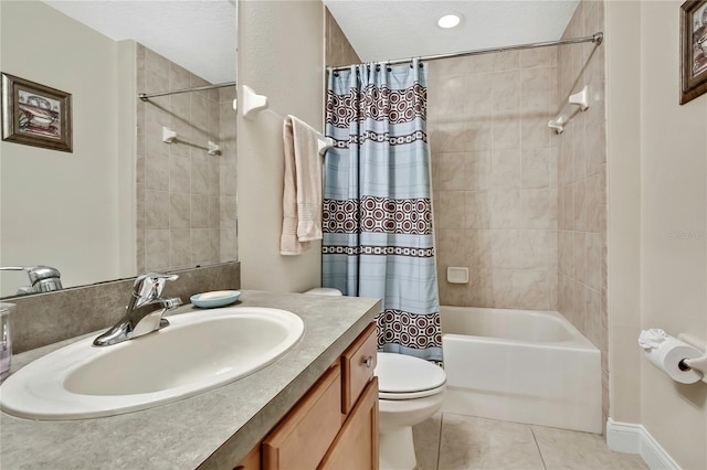 full bath featuring vanity, tile patterned floors, toilet, and shower / bathtub combination with curtain