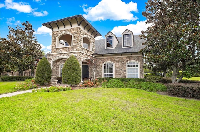 italianate-style house with stone siding and a front yard