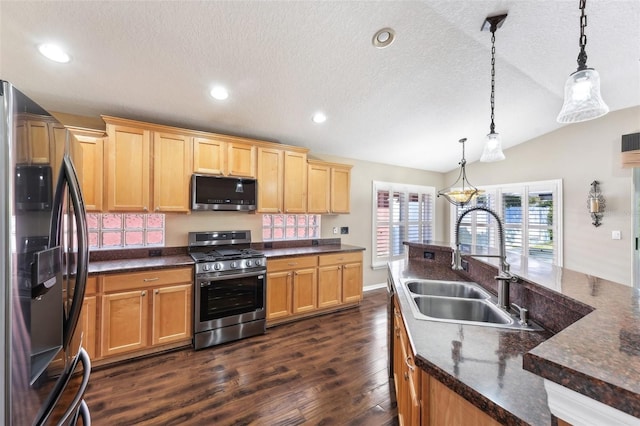 kitchen with pendant lighting, lofted ceiling, dark wood-style floors, stainless steel appliances, and a sink