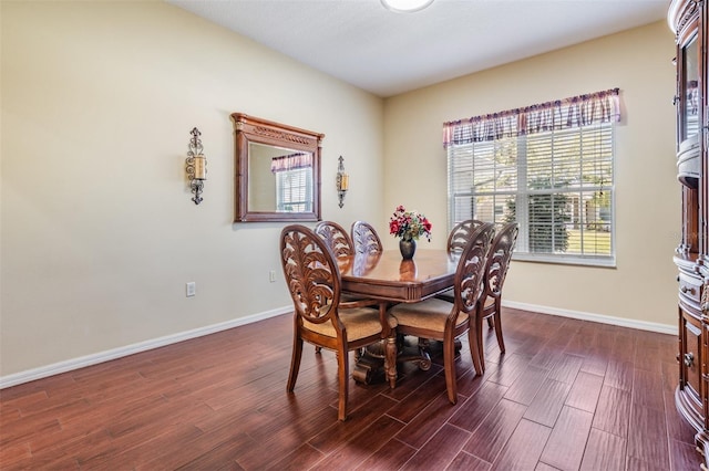 dining room featuring dark wood-type flooring and baseboards