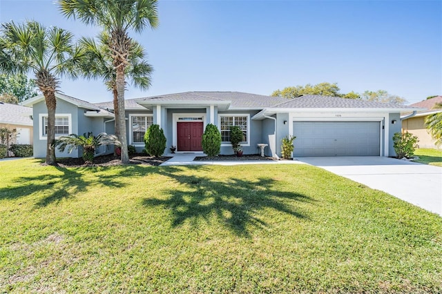 ranch-style home featuring a garage, concrete driveway, a front yard, and stucco siding