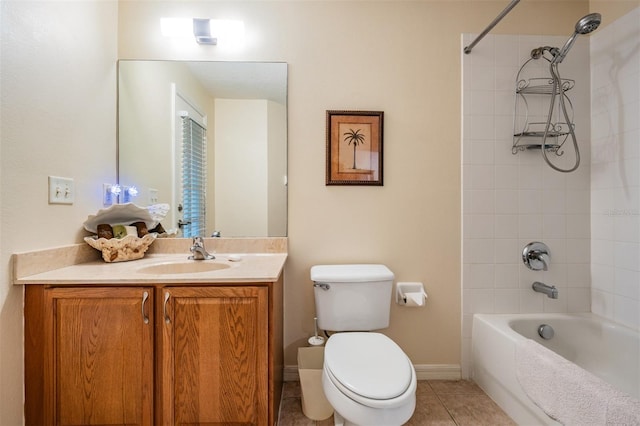 full bath featuring vanity, baseboards, tile patterned floors, toilet, and shower / bathtub combination