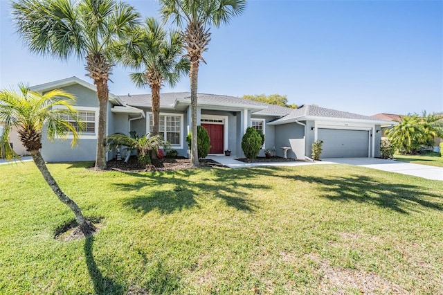 ranch-style house featuring stucco siding, a front lawn, a garage, and driveway