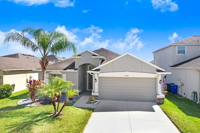 ranch-style home with a garage, a front lawn, driveway, and stucco siding