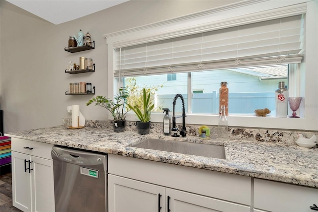 kitchen featuring a sink, plenty of natural light, white cabinets, and stainless steel dishwasher