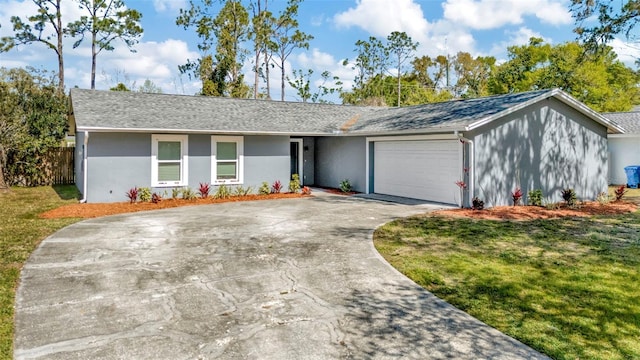 ranch-style house with stucco siding, a front lawn, fence, concrete driveway, and a garage