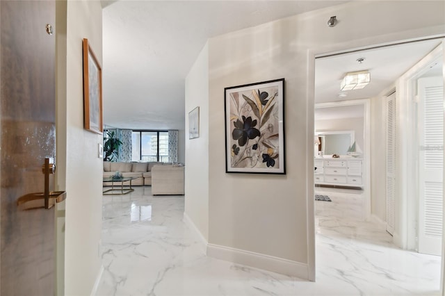 hall featuring baseboards and marble finish floor