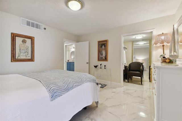 bedroom with visible vents, baseboards, and marble finish floor