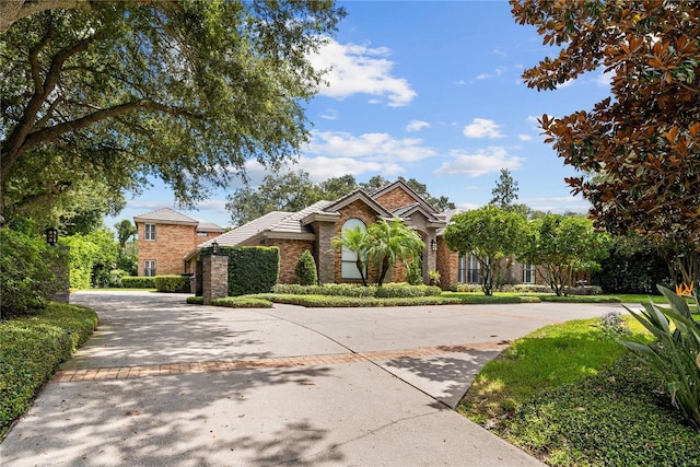 view of front facade featuring stone siding and curved driveway