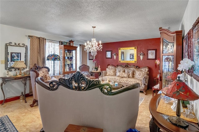 dining area with a chandelier, a textured ceiling, baseboards, and light tile patterned flooring