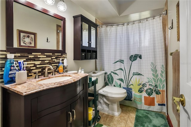 bathroom with vanity, a shower with curtain, decorative backsplash, tile patterned flooring, and toilet