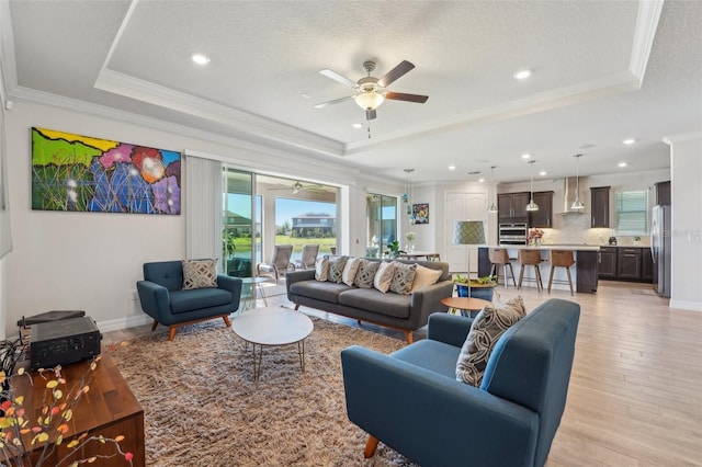 living area featuring a tray ceiling, plenty of natural light, and light wood-type flooring