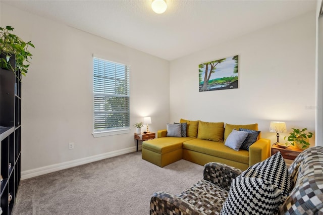 carpeted living area with baseboards