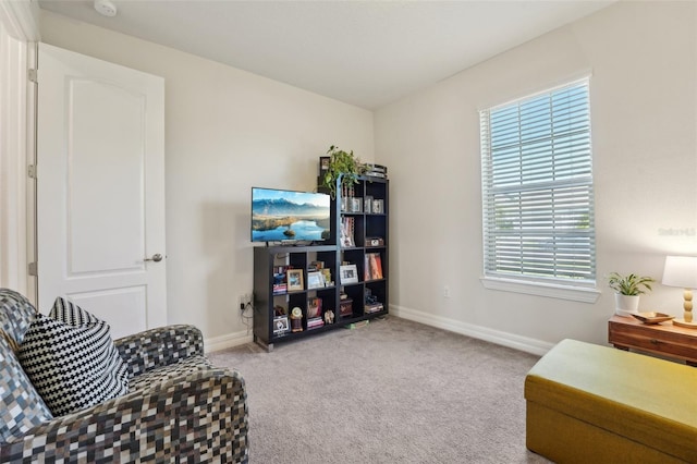 living area with carpet flooring and baseboards