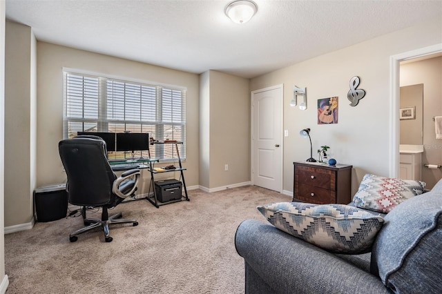 office space with a textured ceiling, baseboards, and carpet