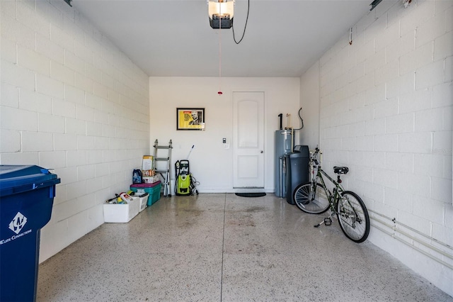 garage with a garage door opener and water heater