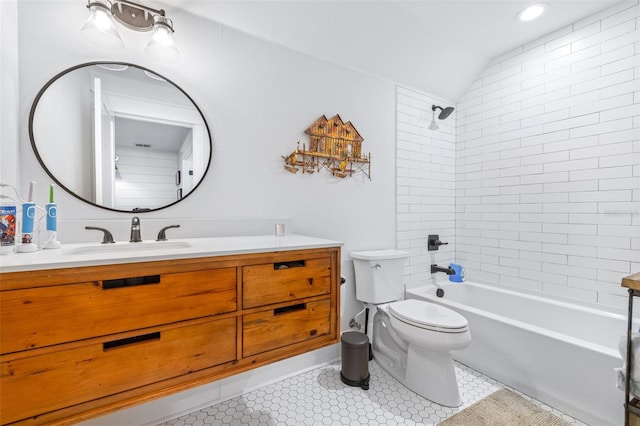 full bath with tile patterned floors, toilet, bathing tub / shower combination, vanity, and vaulted ceiling