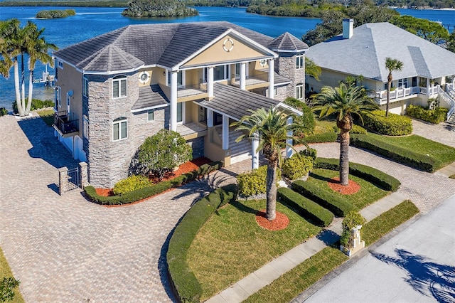 drone / aerial view featuring a water view