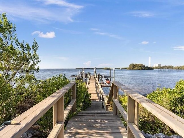 dock area featuring boat lift and a water view