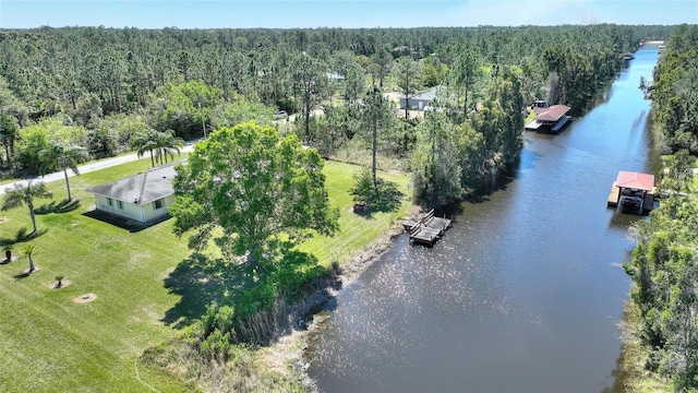 aerial view featuring a view of trees and a water view