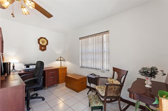 office space featuring light tile patterned floors and a ceiling fan