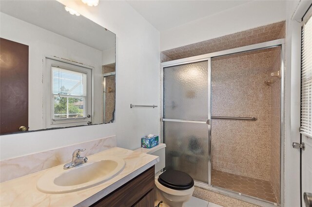 full bath featuring vanity, a shower stall, and toilet