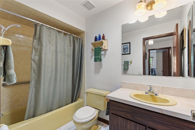 bathroom featuring visible vents, toilet, vanity, and shower / bath combination with curtain