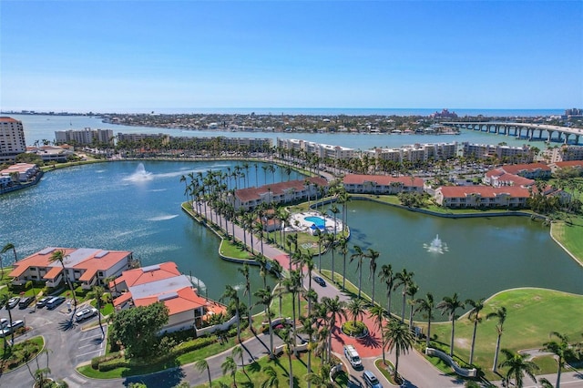 drone / aerial view featuring a water view