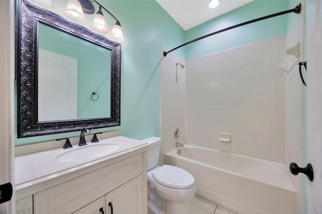 full bath featuring vanity, toilet,  shower combination, and tile patterned flooring