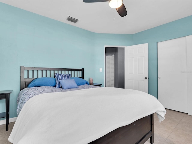 bedroom featuring light tile patterned floors, visible vents, and a ceiling fan