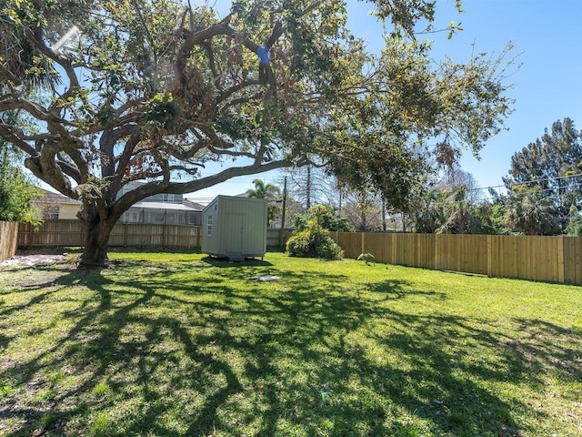 view of yard with a storage unit, an outdoor structure, and a fenced backyard