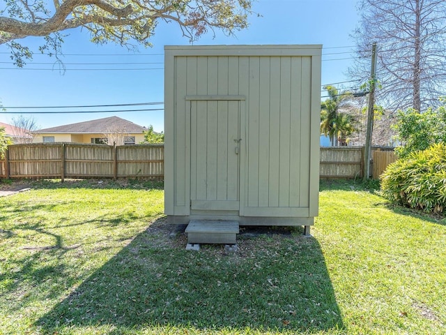 view of shed featuring a fenced backyard